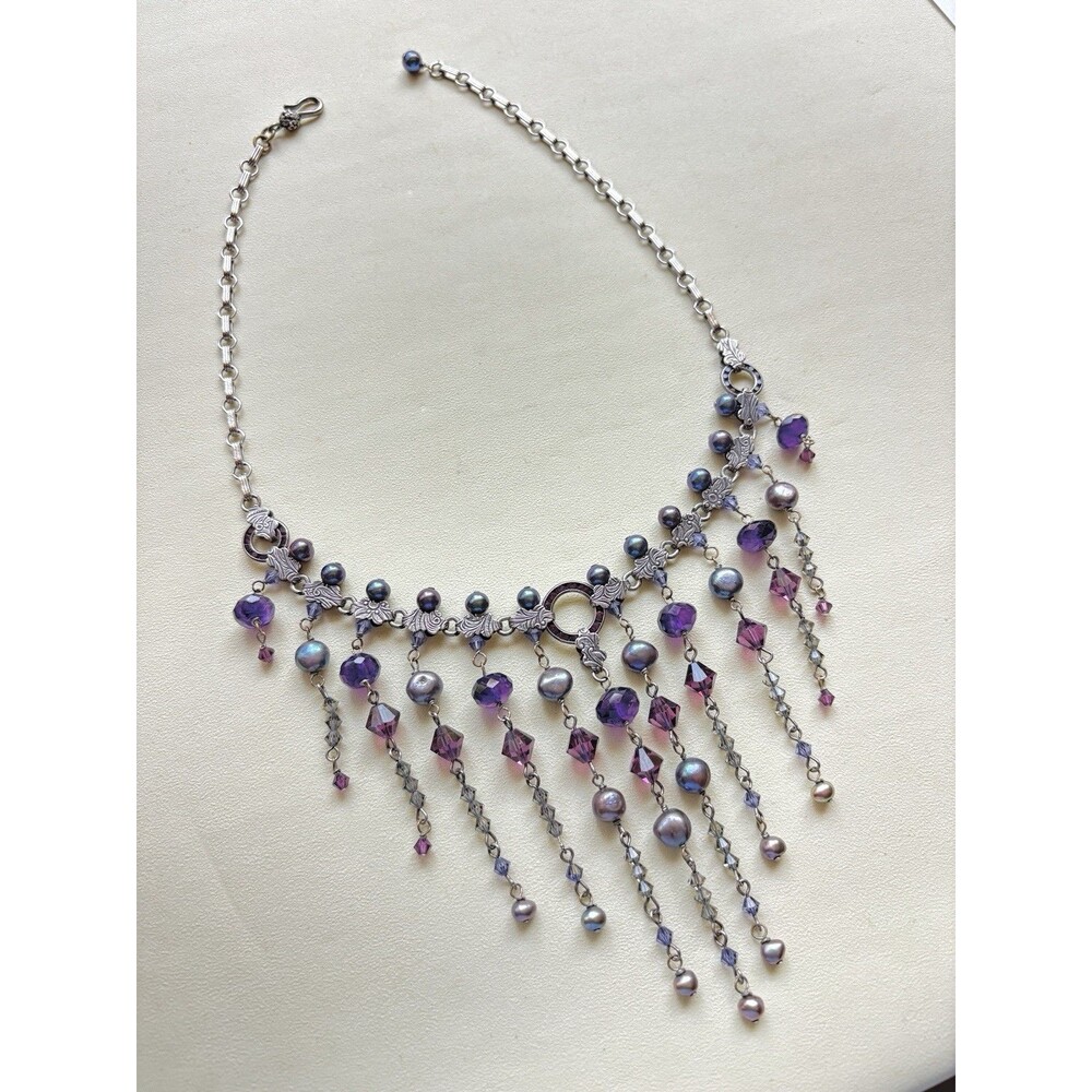 Artisan Amethyst Freshwater Pearl Crystal Bib Statement Necklace 17.5”